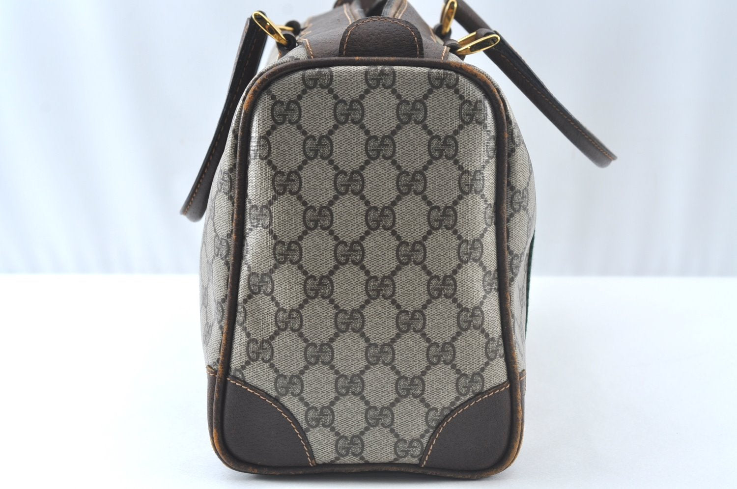 Authentic GUCCI Web Sherry Line Hand Boston Bag GG PVC Leather Brown Junk 8224H