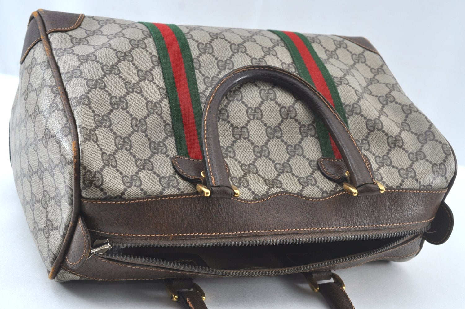Authentic GUCCI Web Sherry Line Hand Boston Bag GG PVC Leather Brown Junk 8224H