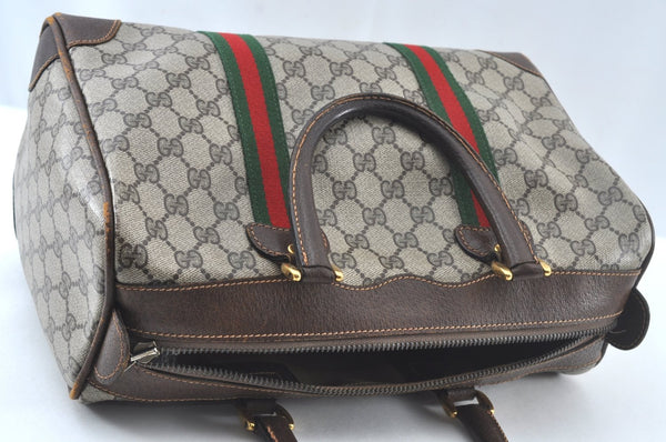 Authentic GUCCI Web Sherry Line Hand Boston Bag GG PVC Leather Brown Junk 8224H