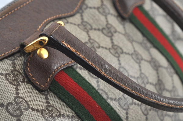 Authentic GUCCI Web Sherry Line Hand Boston Bag GG PVC Leather Brown Junk 8224H