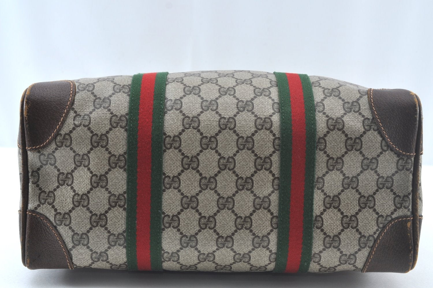Authentic GUCCI Web Sherry Line Hand Boston Bag GG PVC Leather Brown Junk 8224H