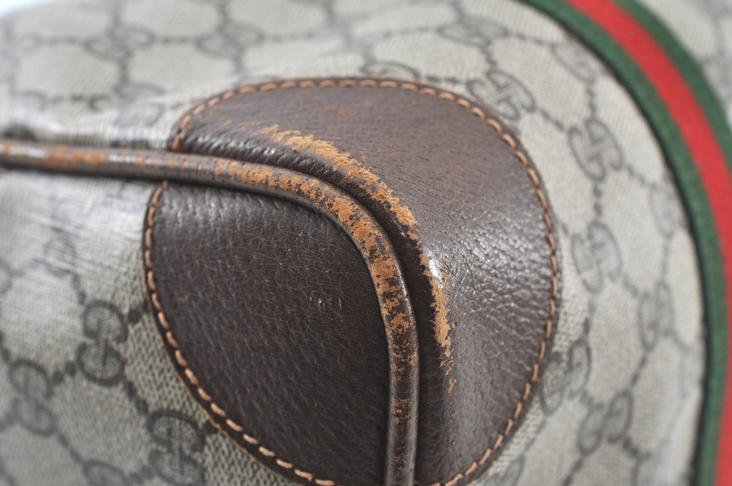 Authentic GUCCI Web Sherry Line Hand Boston Bag GG PVC Leather Brown Junk 8224H