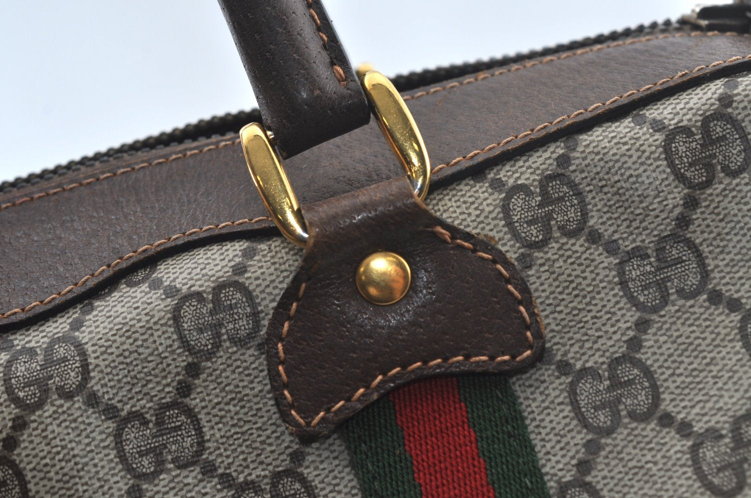 Authentic GUCCI Web Sherry Line Hand Boston Bag GG PVC Leather Brown Junk 8224H