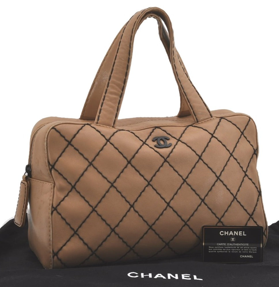 Authentic CHANEL Wild Stitch Vintage Calf Skin Hand Tote Bag Beige CC 8226I