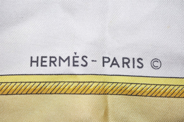 Auth HERMES Carre 90 Scarf "LES VOITURES A TRANSFORMATION" Silk Yellow 8227J