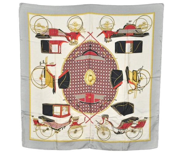 Authentic HERMES Carre 90 Scarf "LES VOITURES A TRANSFORMATION" Silk Gray 8231J