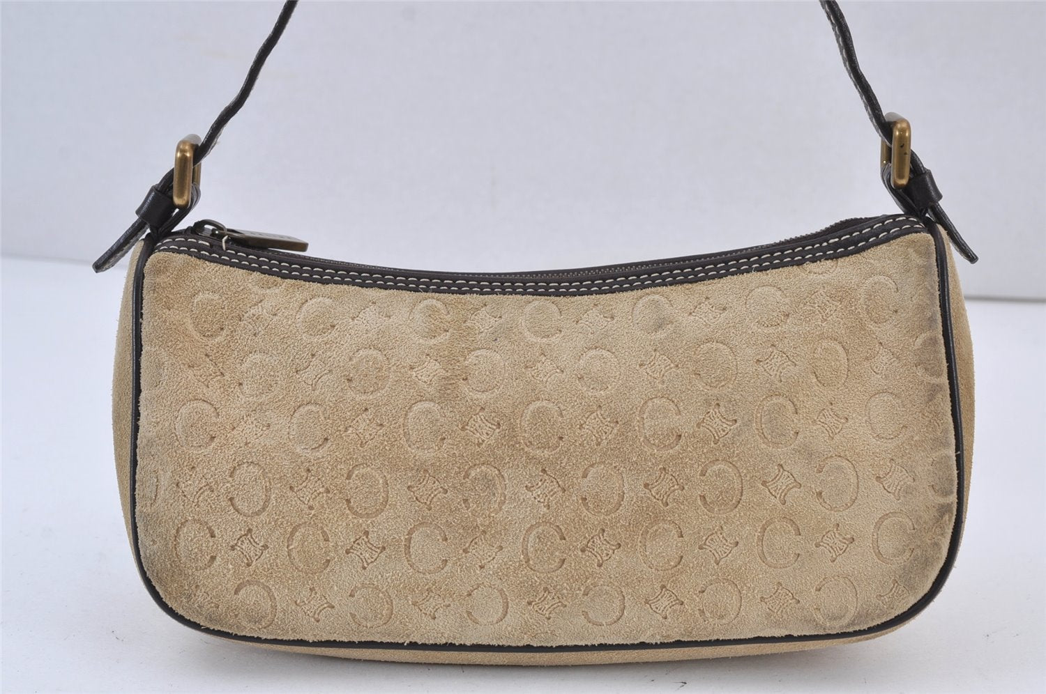 Authentic CELINE C Macadam Blason Hand Bag Pouch Suede Leather Beige White 8234J