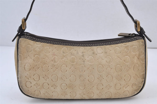 Authentic CELINE C Macadam Blason Hand Bag Pouch Suede Leather Beige White 8234J