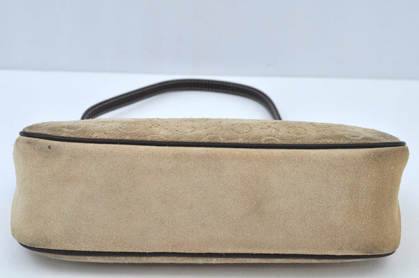 Authentic CELINE C Macadam Blason Hand Bag Pouch Suede Leather Beige White 8234J