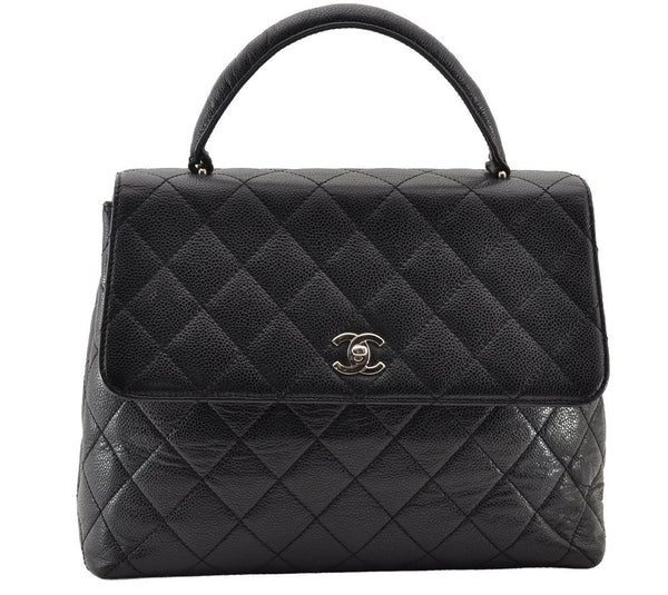 Authentic CHANEL Caviar Skin Matelasse Turnlock Hand Bag Purse Black 8235I