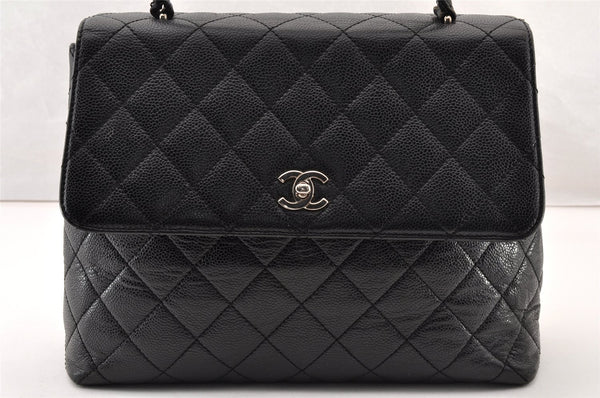 Authentic CHANEL Caviar Skin Matelasse Turnlock Hand Bag Purse Black 8235I