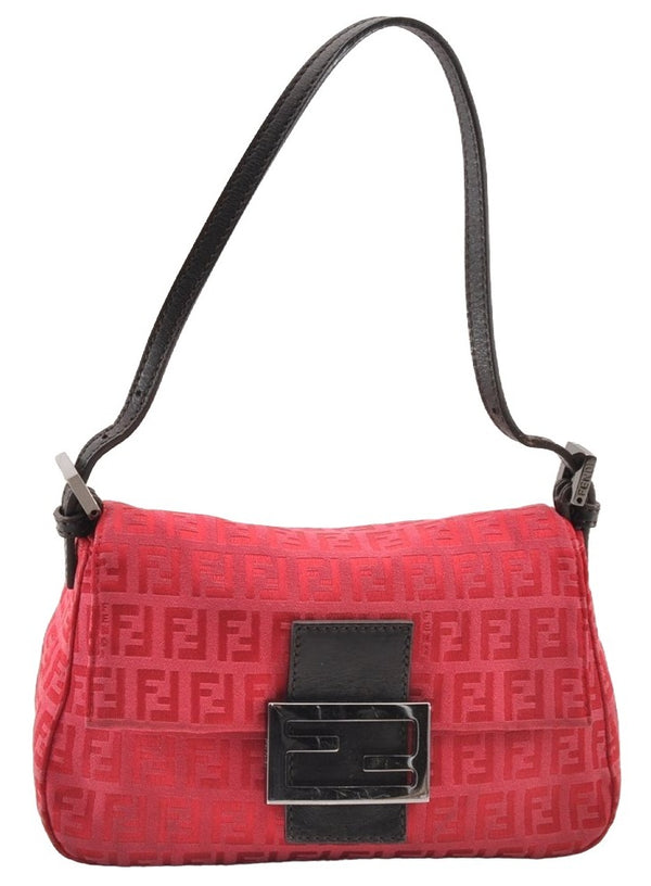 Authentic FENDI Zucchino Mamma Baguette Shoulder Bag Canvas Leather Red 8238I