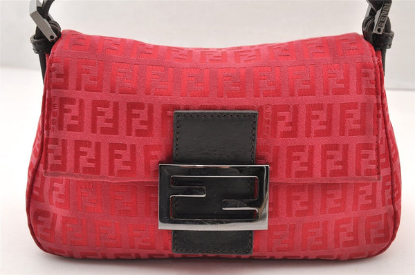 Authentic FENDI Zucchino Mamma Baguette Shoulder Bag Canvas Leather Red 8238I