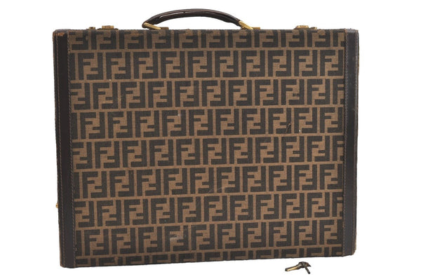 Authentic FENDI Vintage Zucca Travel Trunk Case Canvas Leather Brown Black 8243J