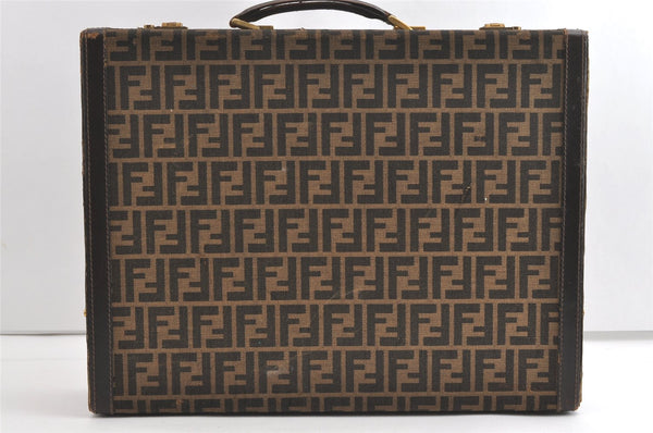 Authentic FENDI Vintage Zucca Travel Trunk Case Canvas Leather Brown Black 8243J