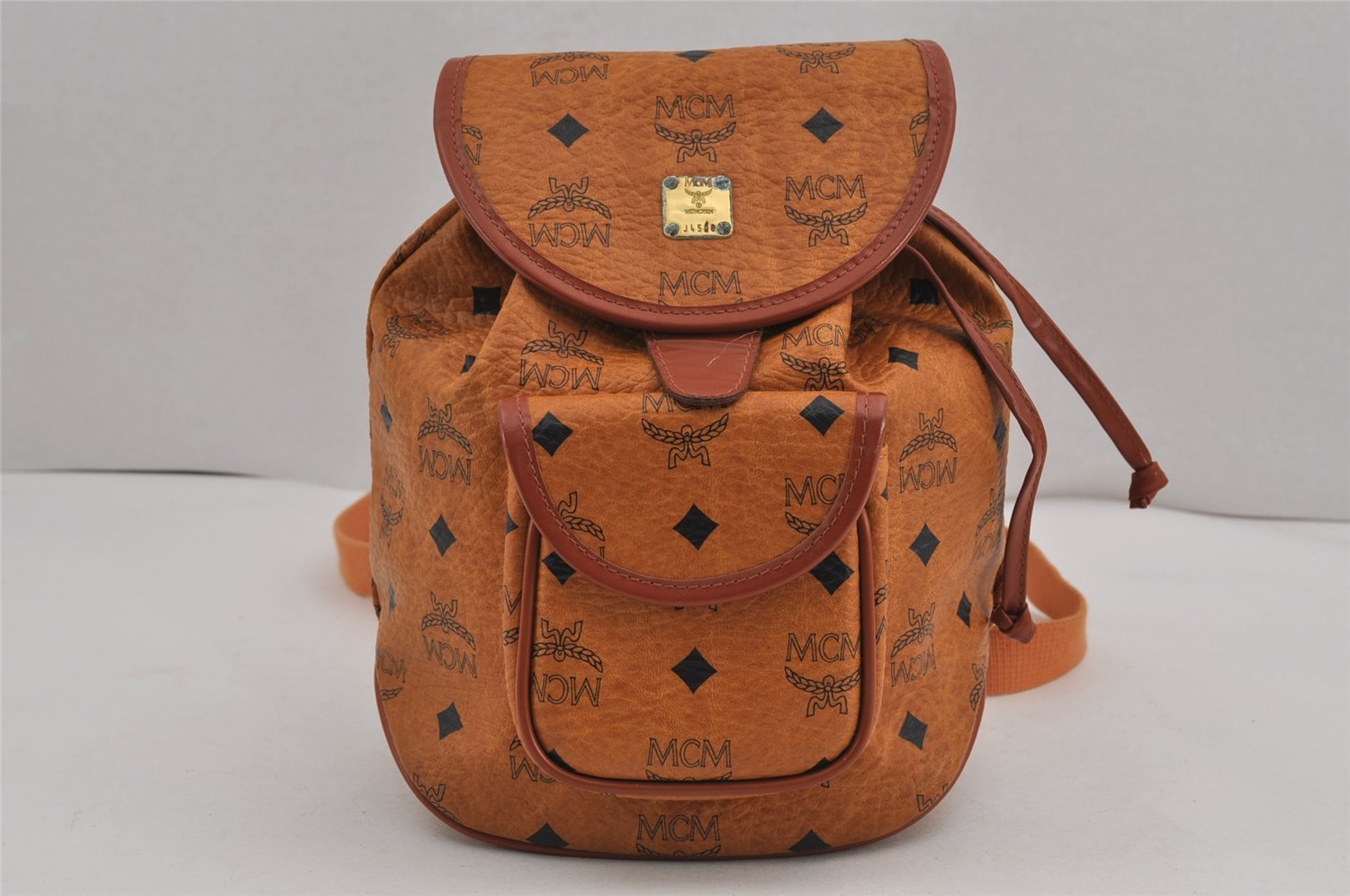 Authentic MCM Vintage Visetos Leather Drawstring Backpack Purse Brown 8254J