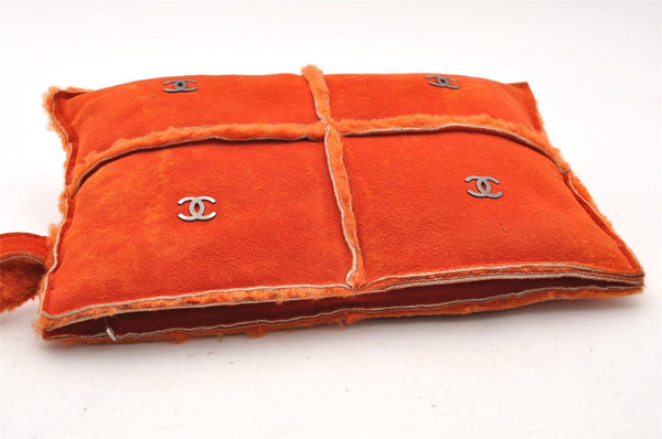 Authentic CHANEL Chocolate Bar Mouton CC Logo Clutch Hand Bag Purse Orange 8255I