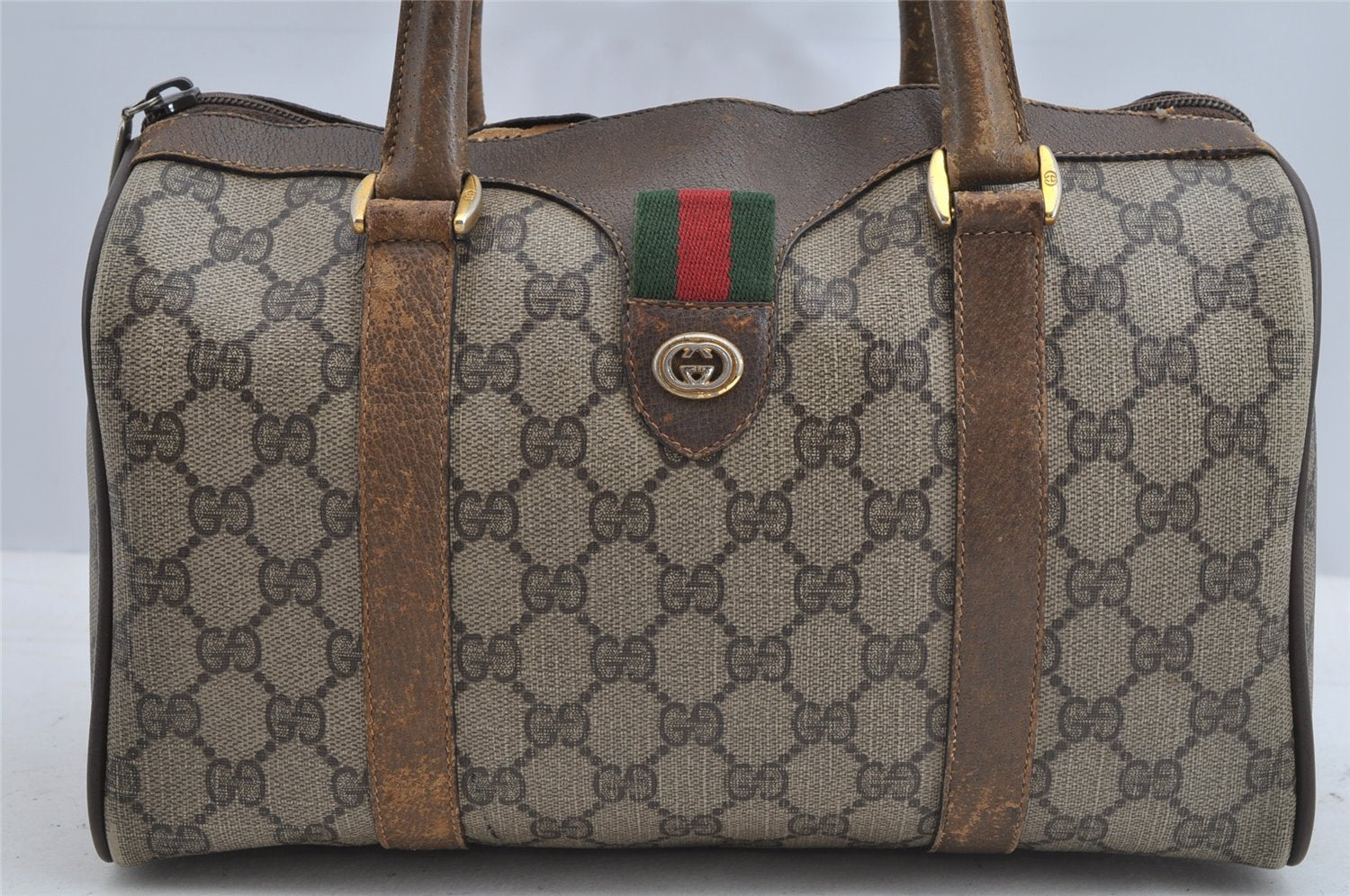 Authentic GUCCI Web Sherry Line Hand Boston Bag GG PVC Leather Brown Junk 8272I