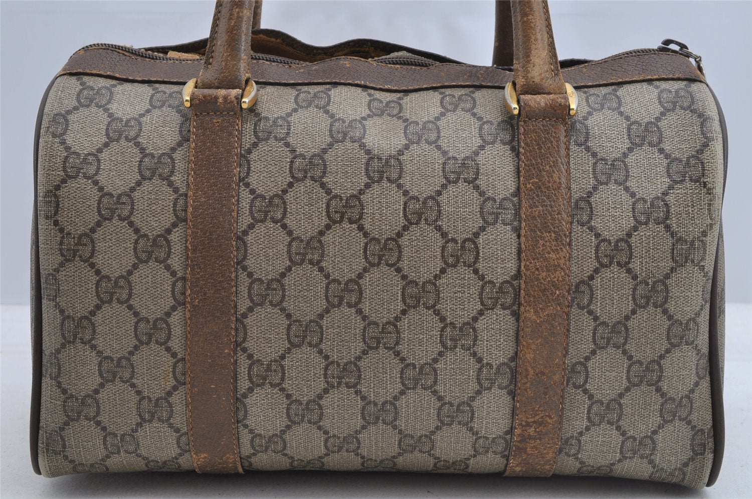 Authentic GUCCI Web Sherry Line Hand Boston Bag GG PVC Leather Brown Junk 8272I