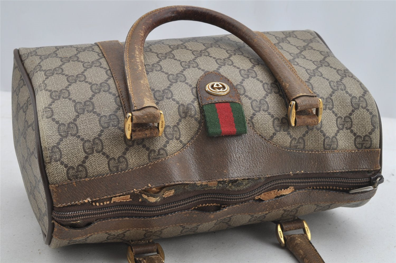 Authentic GUCCI Web Sherry Line Hand Boston Bag GG PVC Leather Brown Junk 8272I