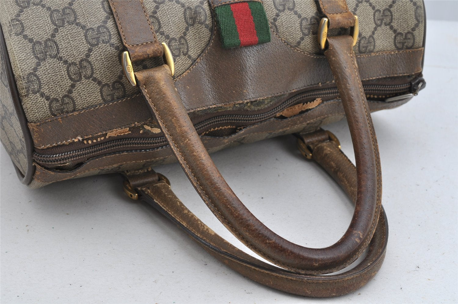 Authentic GUCCI Web Sherry Line Hand Boston Bag GG PVC Leather Brown Junk 8272I