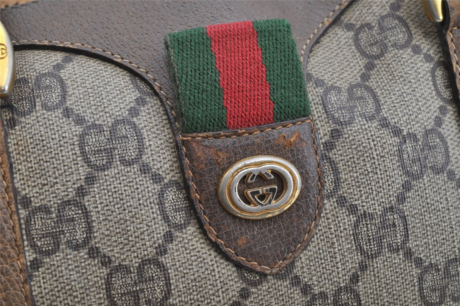 Authentic GUCCI Web Sherry Line Hand Boston Bag GG PVC Leather Brown Junk 8272I