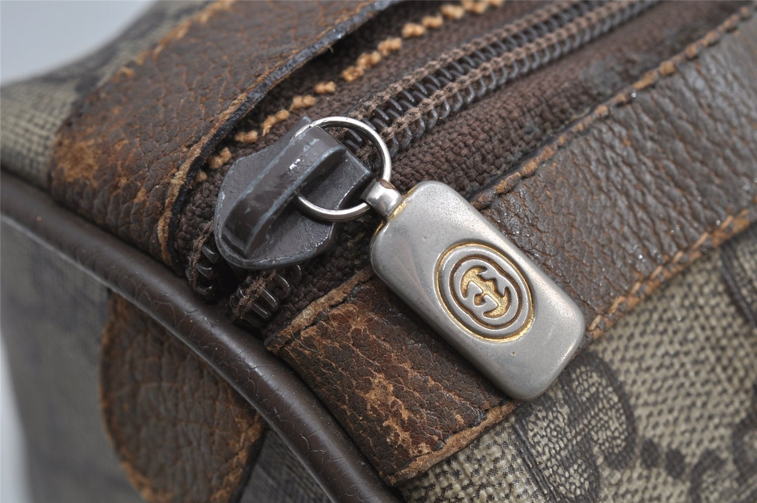 Authentic GUCCI Web Sherry Line Hand Boston Bag GG PVC Leather Brown Junk 8272I