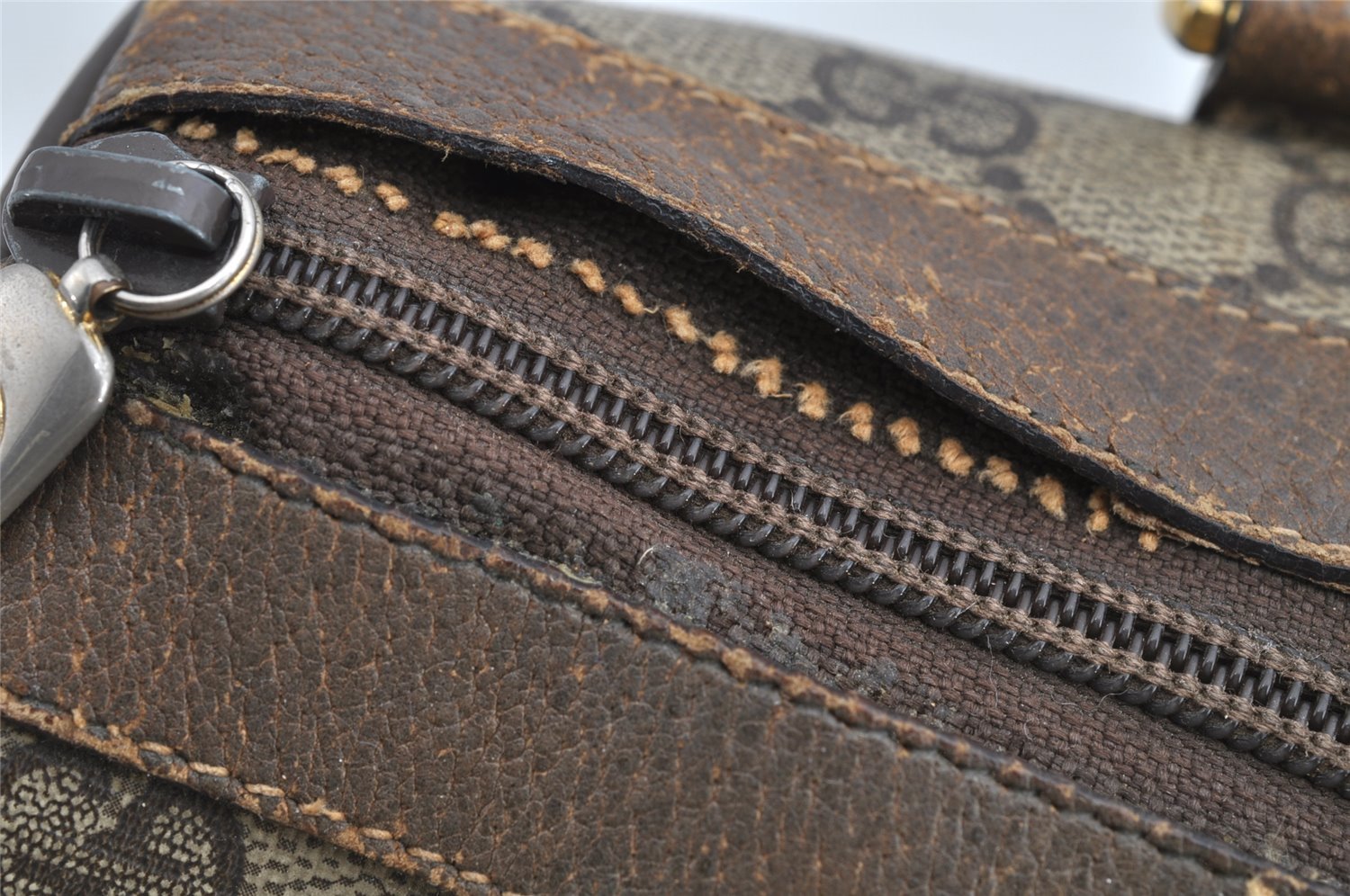 Authentic GUCCI Web Sherry Line Hand Boston Bag GG PVC Leather Brown Junk 8272I