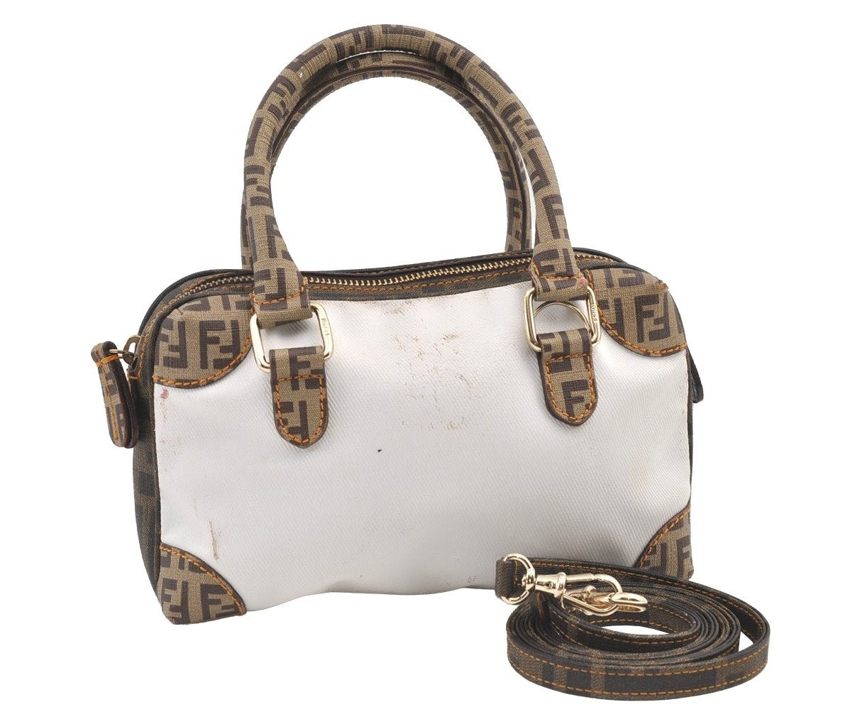 Authentic FENDI Zucca Zucchino 2Way Shoulder Hand Bag PVC White Brown 8280J