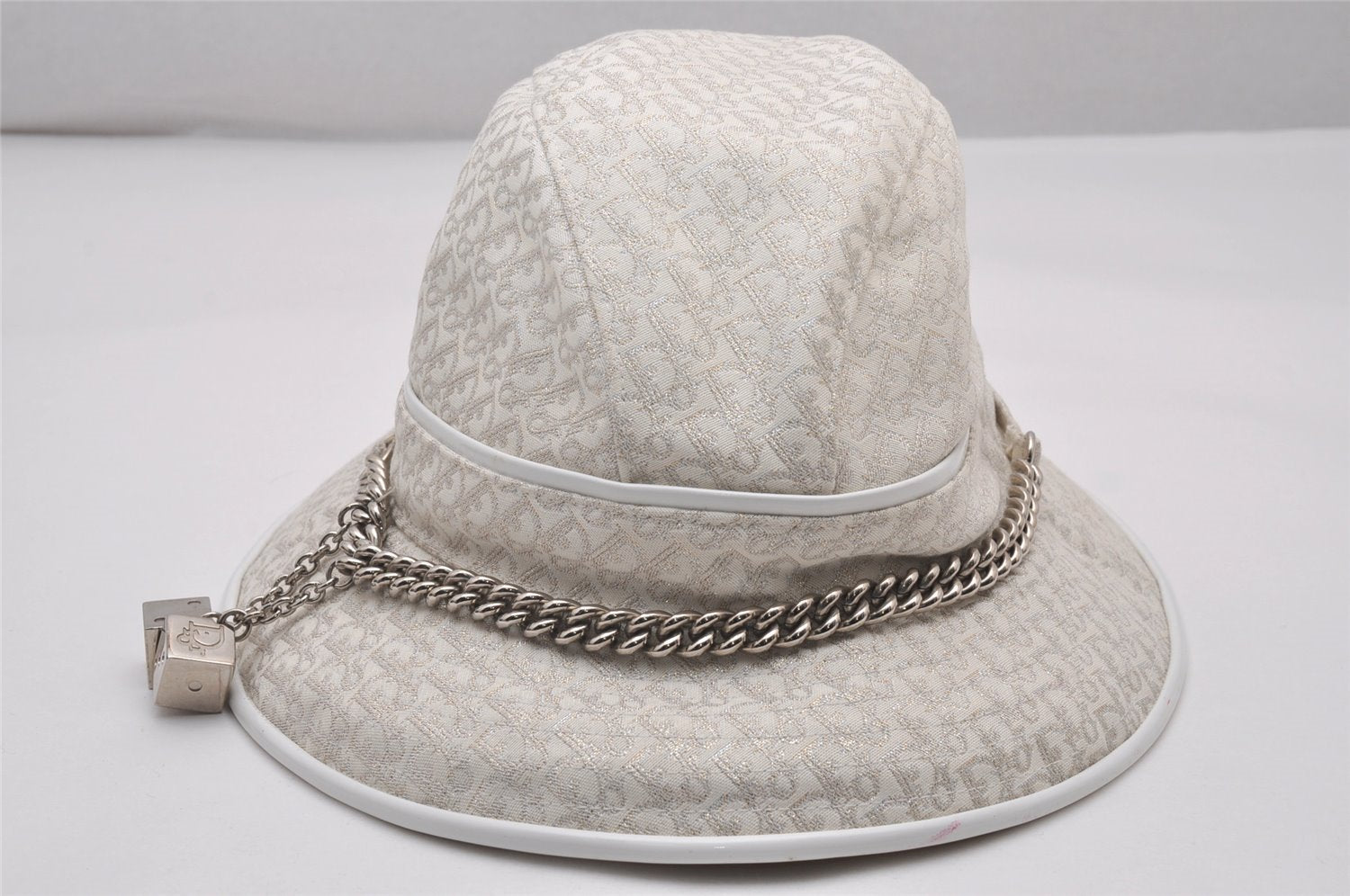 Authentic Christian Dior Trotter Chain Bucket Hat Size 58 Canvas White 8287I