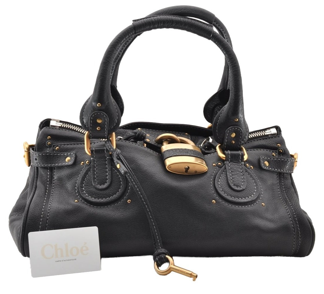 Authentic Chloe Vintage Paddington Leather Shoulder Hand Bag Black 8290I