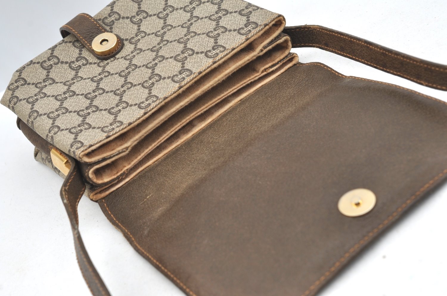 Authentic GUCCI GG Plus Shoulder Cross Body Bag GG PVC Leather Brown Junk 8292H