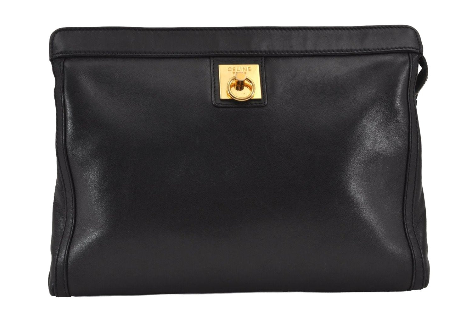 Authentic CELINE Vintage Clutch Hand Bag Purse Leather Black 8301J