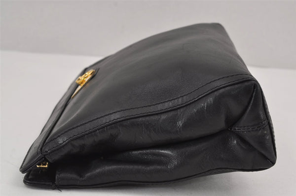 Authentic CELINE Vintage Clutch Hand Bag Purse Leather Black 8301J