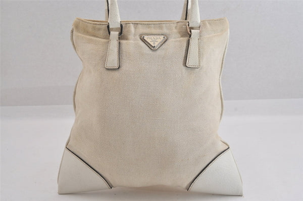 Authentic PRADA Vintage Canvas Leather Hand Tote Bag Purse White 8304M