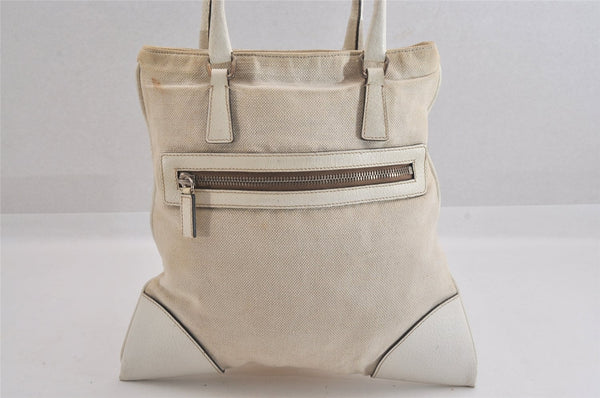 Authentic PRADA Vintage Canvas Leather Hand Tote Bag Purse White 8304M