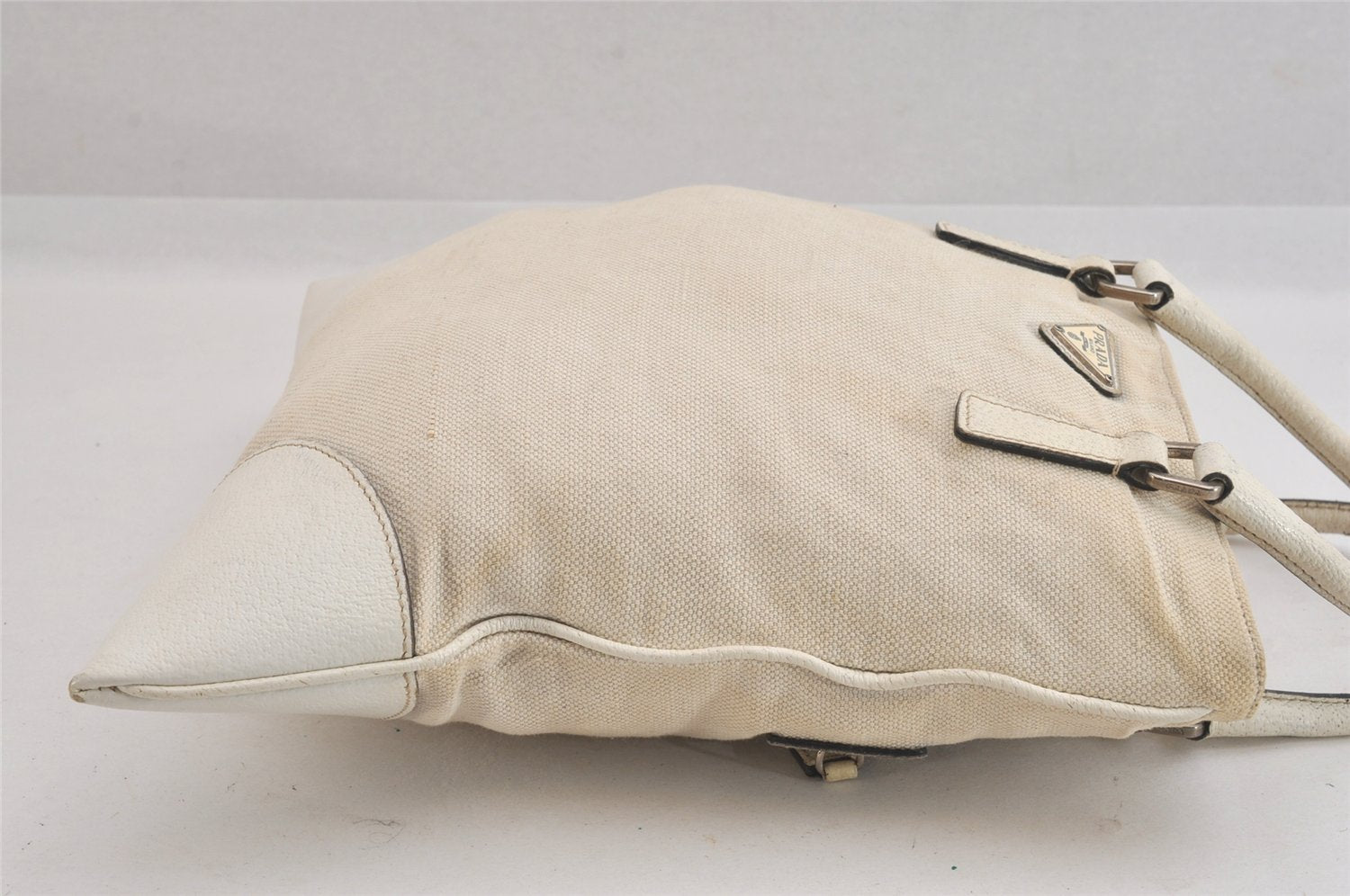 Authentic PRADA Vintage Canvas Leather Hand Tote Bag Purse White 8304M