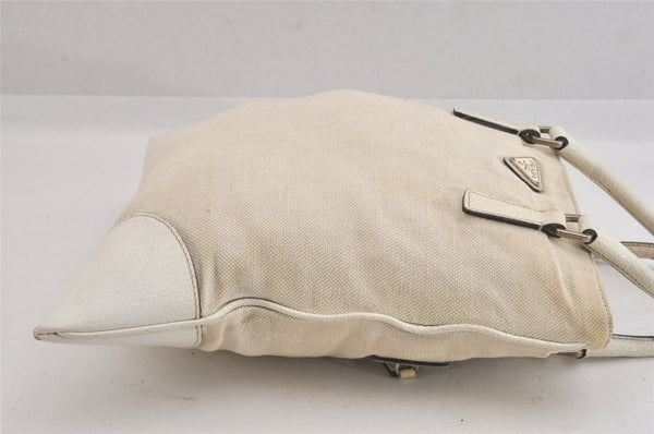 Authentic PRADA Vintage Canvas Leather Hand Tote Bag Purse White 8304M