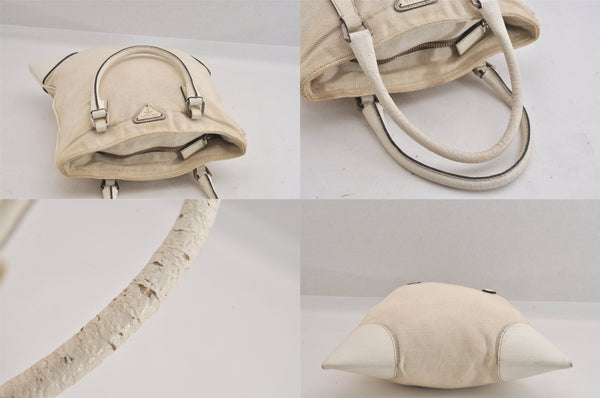 Authentic PRADA Vintage Canvas Leather Hand Tote Bag Purse White 8304M