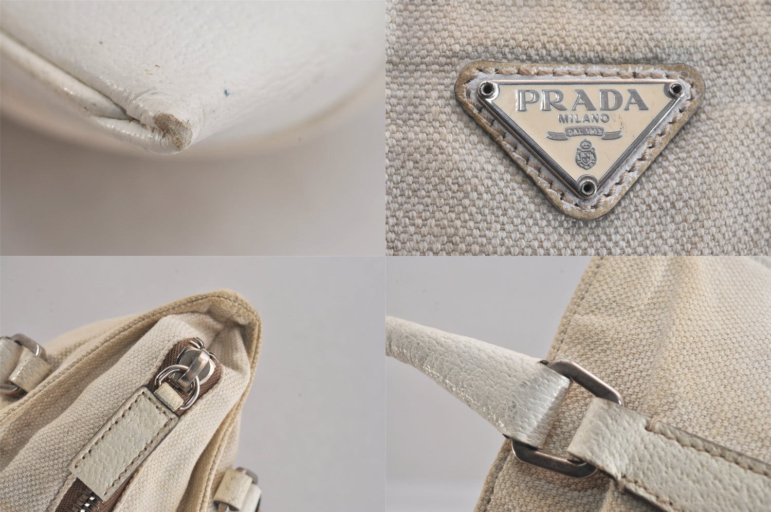 Authentic PRADA Vintage Canvas Leather Hand Tote Bag Purse White 8304M