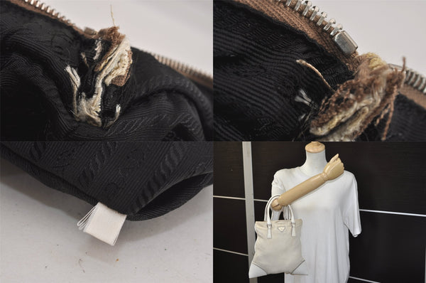 Authentic PRADA Vintage Canvas Leather Hand Tote Bag Purse White 8304M