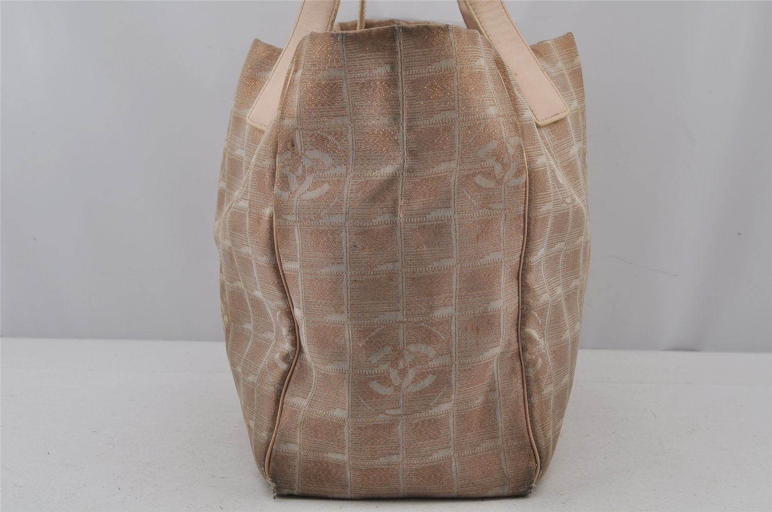 Authentic CHANEL New Travel Line Shoulder Tote Bag Nylon Leather Beige 8310J