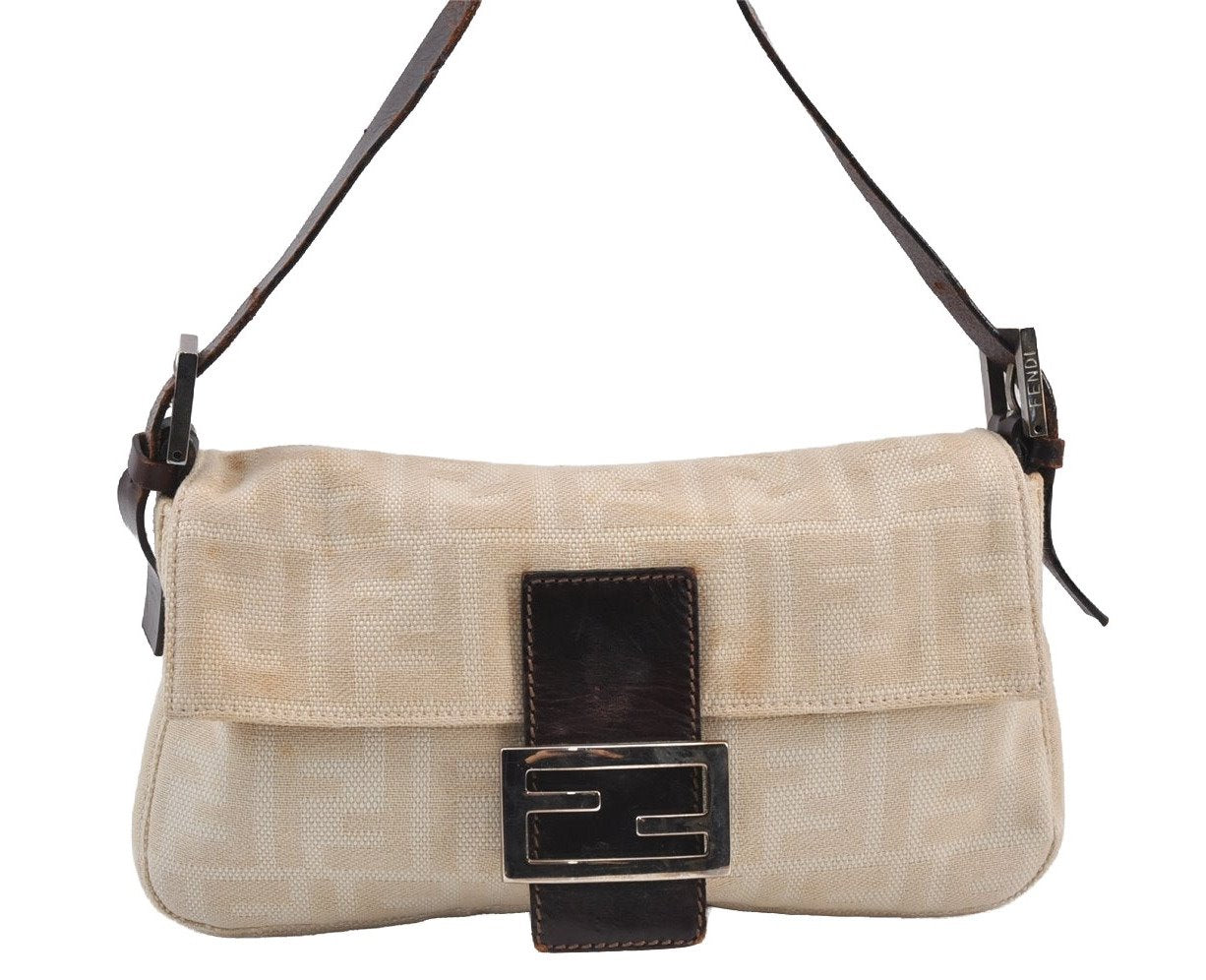 Authentic FENDI Zucca Mamma Baguette Shoulder Bag Canvas Leather Beige 8311J