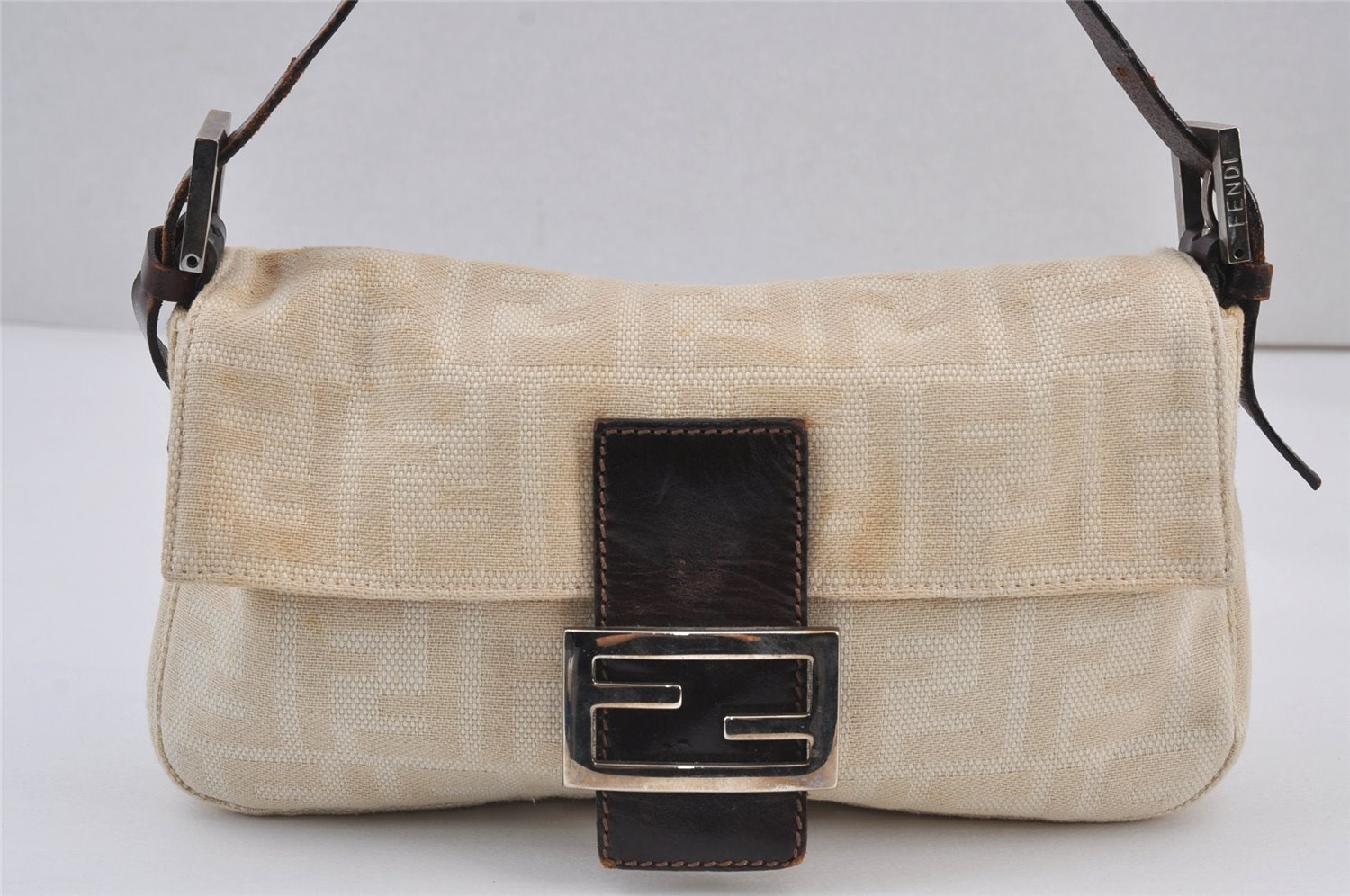 Authentic FENDI Zucca Mamma Baguette Shoulder Bag Canvas Leather Beige 8311J