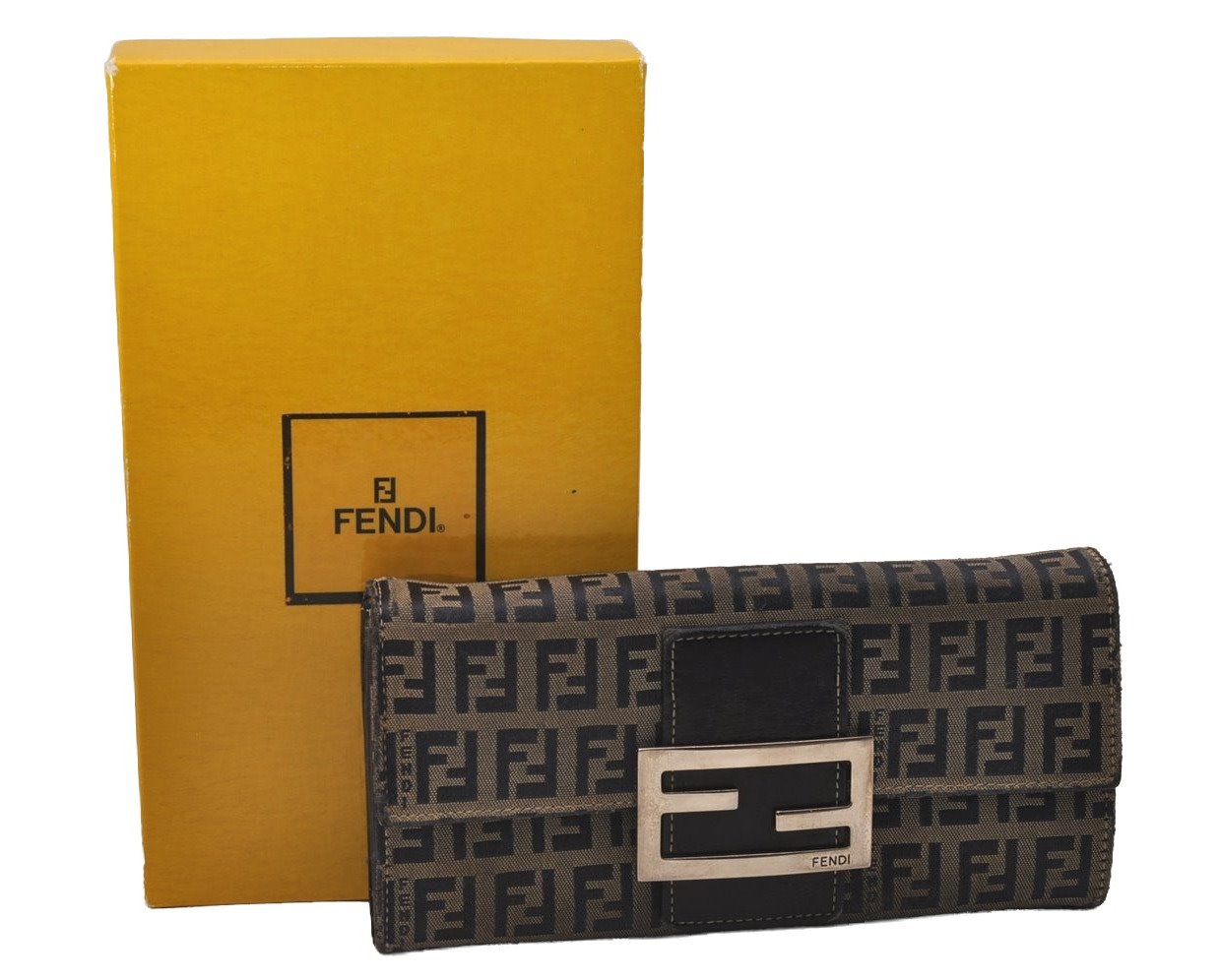 Auth FENDI Zucchino Mamma Baguette Wallet Canvas Leather Navy Box Junk 8320J