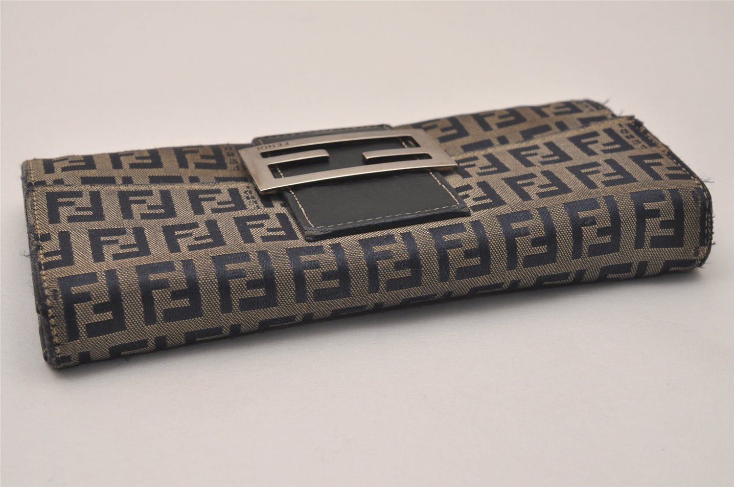 Auth FENDI Zucchino Mamma Baguette Wallet Canvas Leather Navy Box Junk 8320J