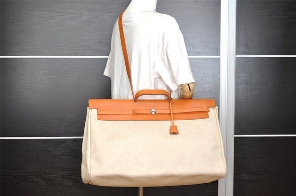 Authentic HERMES Her Bag GM & GM 2Way Tote Bag Canvas Leather White 8322I