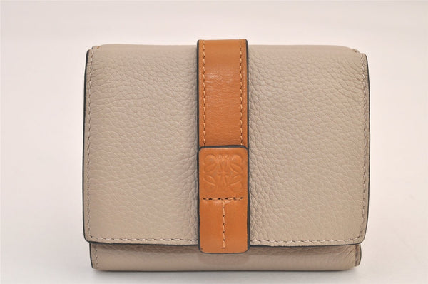 Authentic LOEWE Vintage Anagram Trifold Wallet Purse Leather Beige 8323M