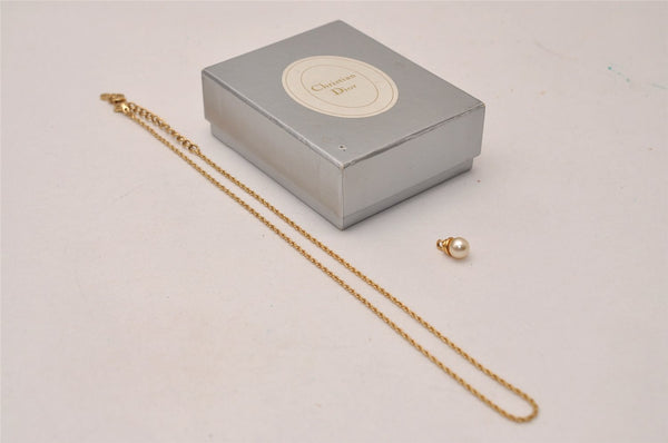 Authentic Christian Dior Gold Imitation Pearl Chain Pendant Necklace Box 8326J