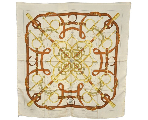 Authentic HERMES Carre 90 Scarf "Eperon d' or" Silk White 8329J